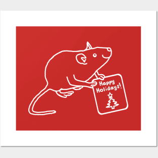 White Line Cute Christmas Rat says Happy Holidays Posters and Art